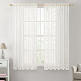 Embroidered Leaf Patterned Rod Pocket Floral Semi Sheer Curtains Ivory 52Wx54L